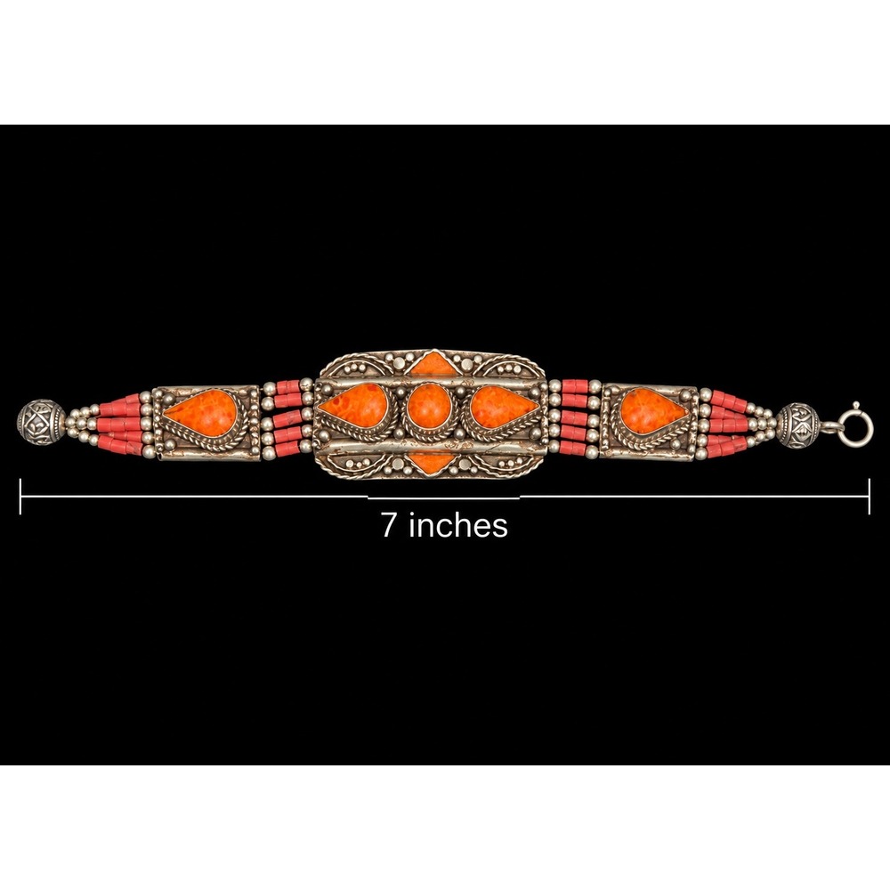 Vtg Himalayan Silver Red Coral Bracelet 7" Handcrafted Tibetan Nepal Boho Tribal